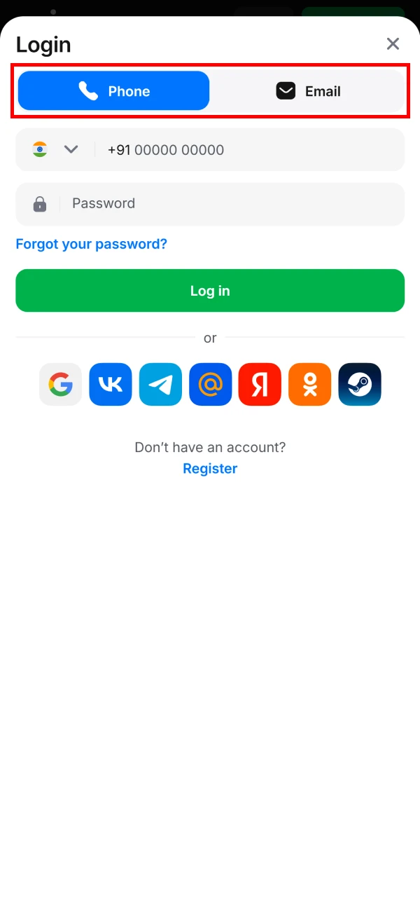 Select a method to log in to your 1win account.